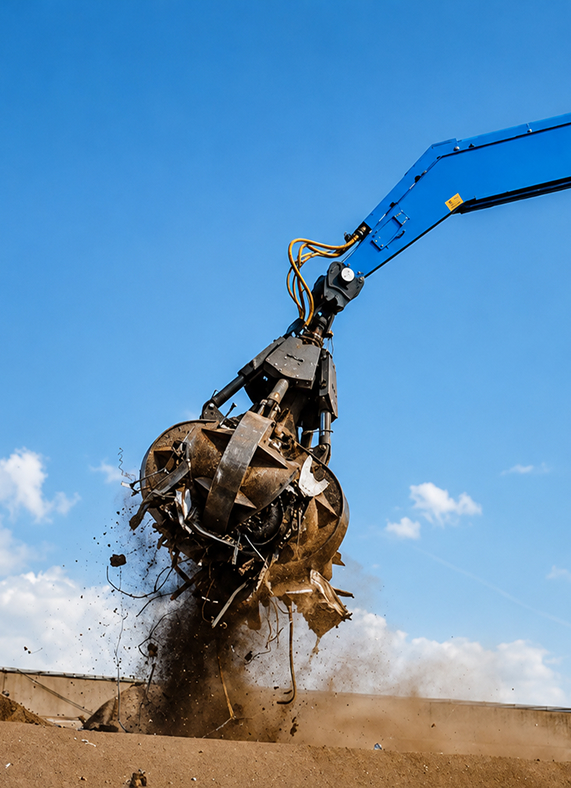 grapple-crane-lifting-scrap-metal-against-blue-sky Orange peel grapple lifting scrap metal and debris against a clear blue sky