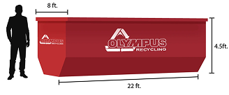 olympus-recycling-22-yard-roll-off-dumpster-dimensions Dimensional diagram of an Olympus Recycling roll-off dumpster measuring 22 feet long, 8 feet wide, and 4.5 feet high, shown with a person for scale