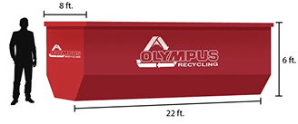 olympus-recycling-6-foot-roll-off-dumpster-dimensions Dimensional diagram of an Olympus Recycling roll-off dumpster measuring 22 feet long, 8 feet wide, and 6 feet high, shown with a person for scale
