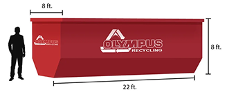 olympus-recycling-8-foot-roll-off-dumpster-dimensions Dimensional diagram of an Olympus Recycling roll-off dumpster measuring 22 feet long, 8 feet wide, and 8 feet high, shown with a person for scale