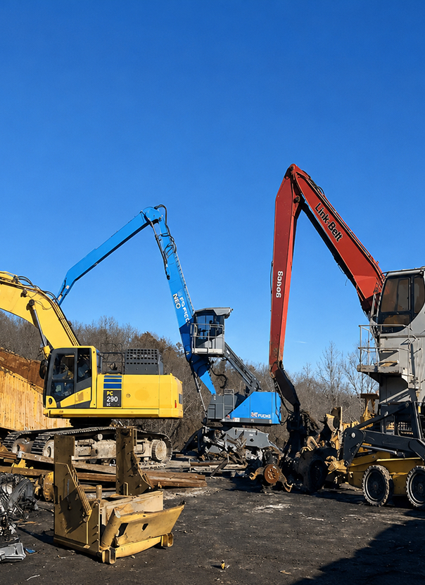 scrap-yard-equipment-fleet-excavators-material-handlers Excavators and material handlers parked at a scrap metal recycling yard under a clear blue sky
