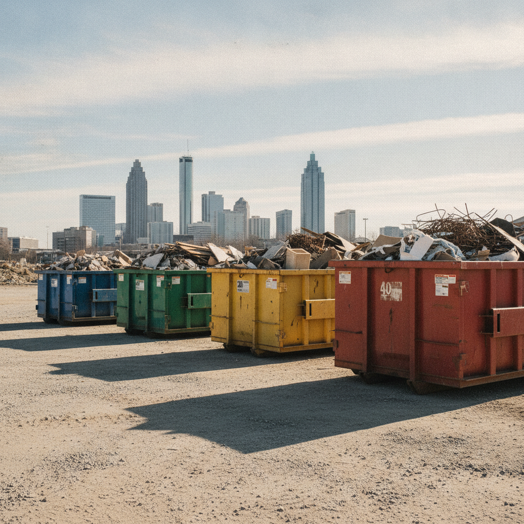 How to Choose the Right Commercial Dumpster Size in Atlanta Four roll-off dumpsters of varying sizes lined up showing capacity differences