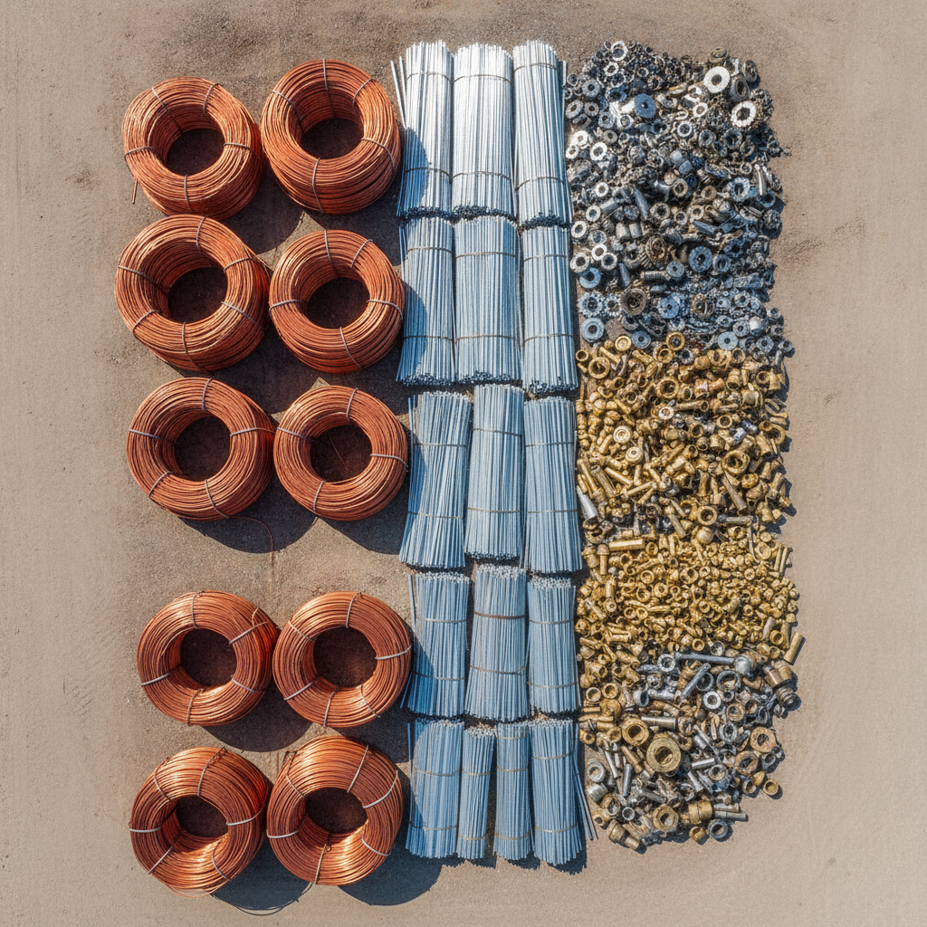 What Scrap Metal Is Worth the Most in Atlanta? Sorted piles of copper wire, aluminum extrusions, brass fittings, and stainless steel scrap metal